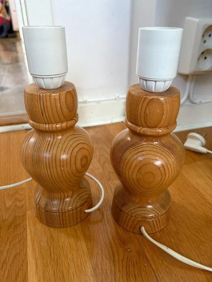 Mid-Century Modern Pine Table Lamps – Scandinavian Wood Nightstand Lights, Pair, authentic vintage, timeless charm