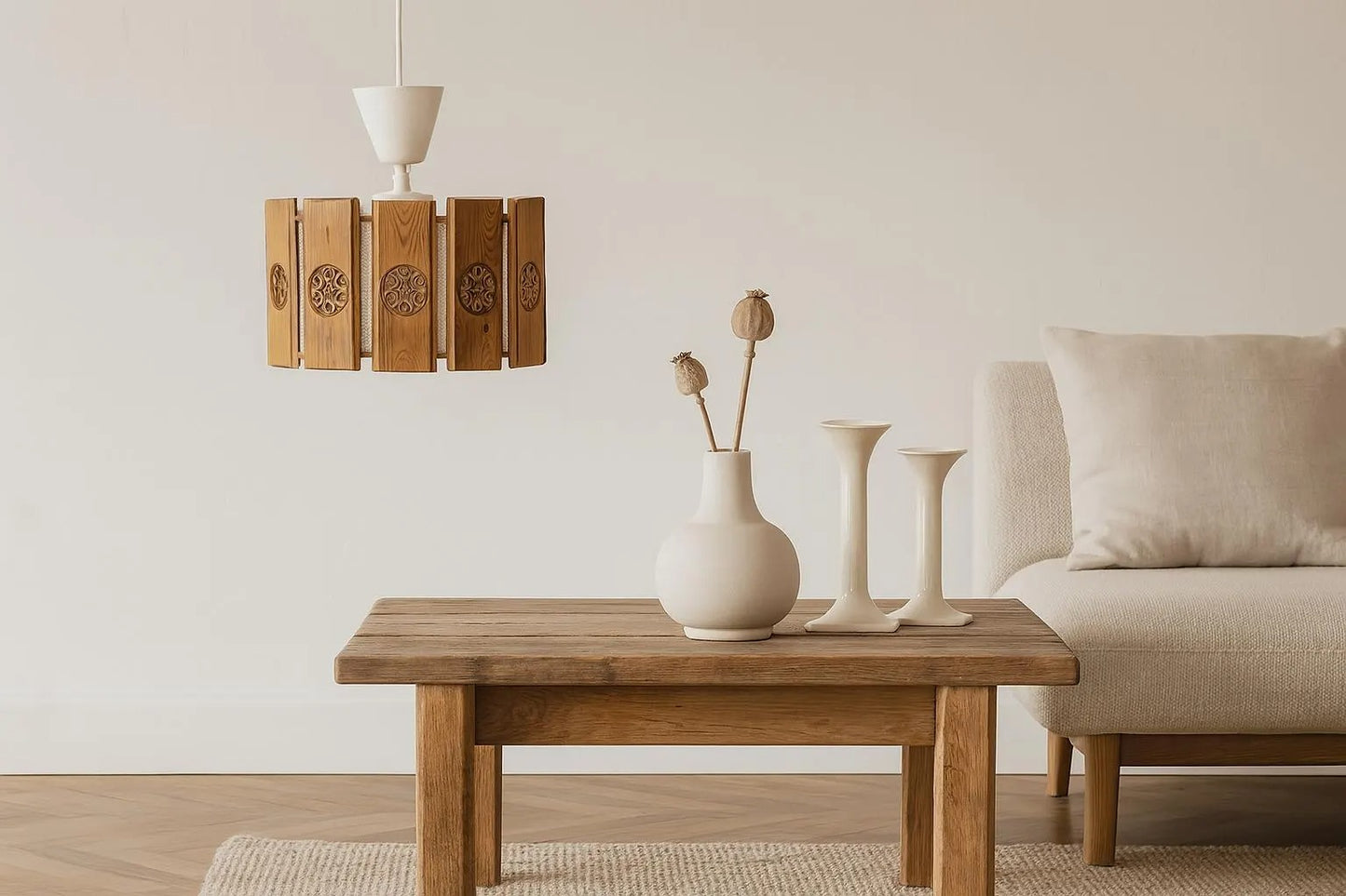 Vintage Scandinavian Wood Pendant Light: Carved Medallions, Japandi Style