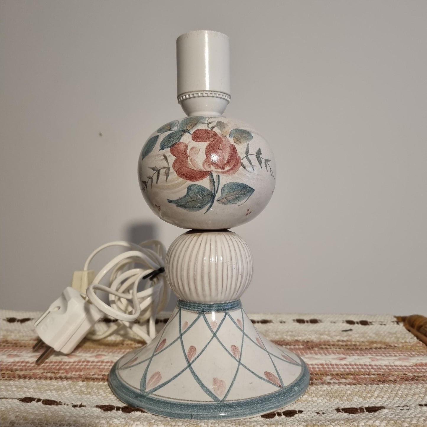 Hand-Painted Swedish Ceramic Table Lamp – Folk Art Style, Vintage Scandinavian Pottery with floral and geometric patterns in muted colors.