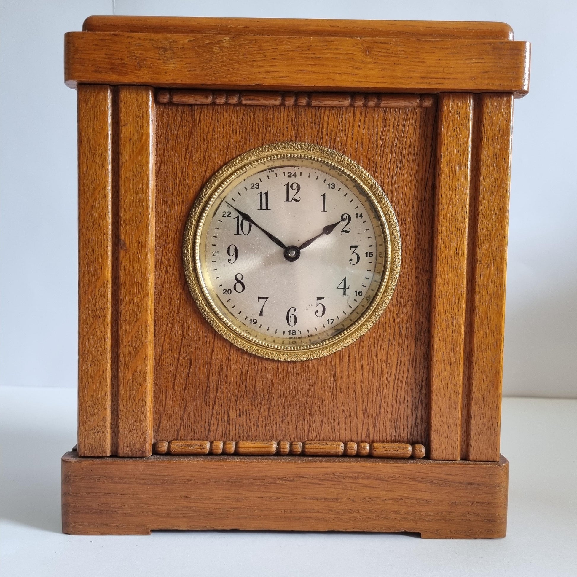 Vintage Oak & Brass Money Box Alarm Clock: 1930s Swedish Bank Collectible (Not Working) with wooden case and brass clock face.