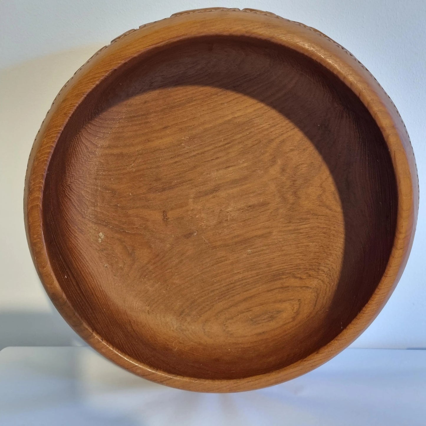 Hand Carved Teak Wood Bowl: Mid-Century Scandinavian Floral Centerpiece with warm wood grain and smooth finish