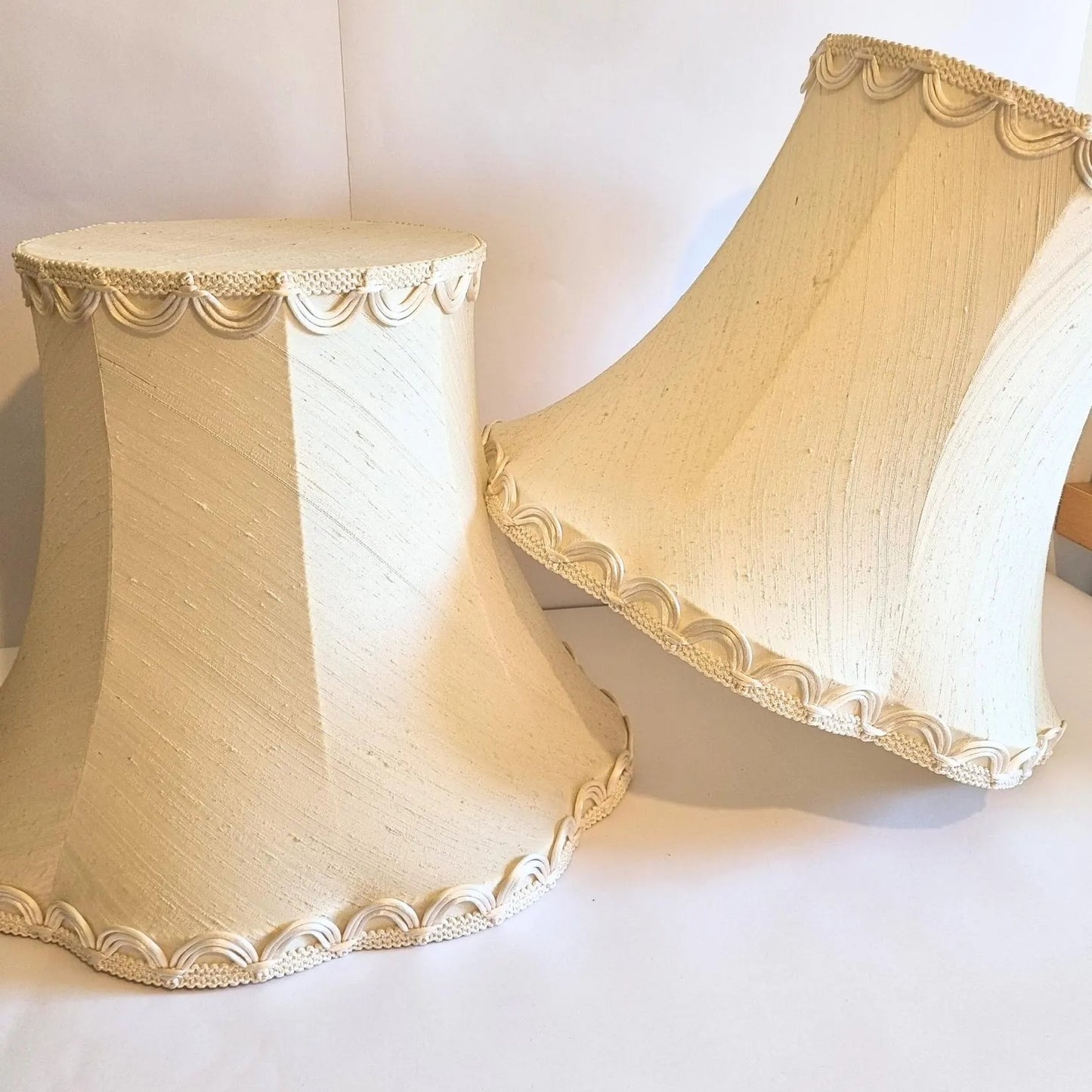 Vintage Cream Lampshade Pair: Oversized Retro Shades, Unused, authentic vintage mid-century modern with timeless charm