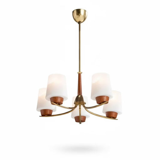 Vintage 1950s Swedish Chandelier: Mid-Century Modern Brass & Teak Opaline Glass Pendant Light