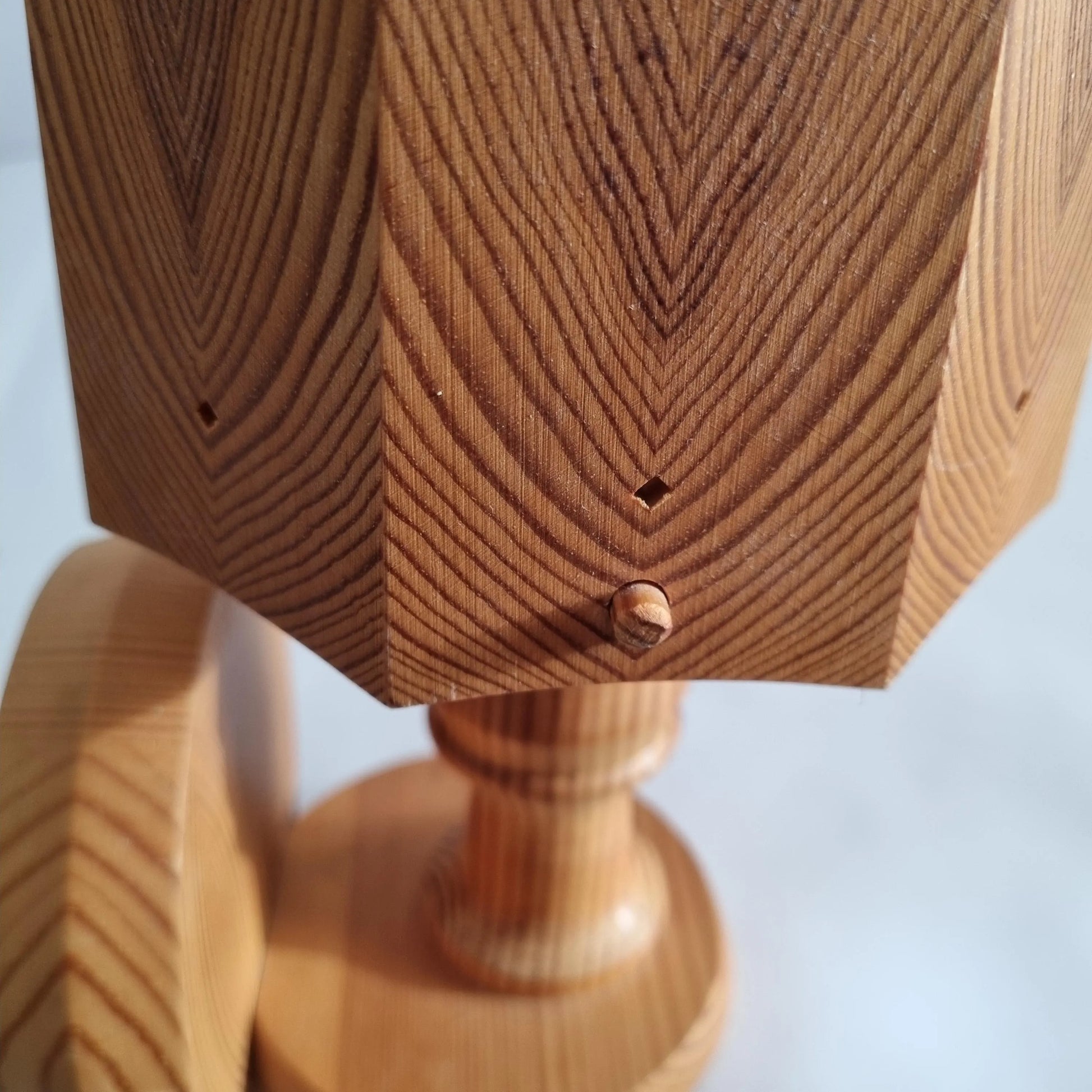 Close-up of Vintage Scandinavian Pine Wall Light – Handmade Swedish Wooden Sconce, 1970s, showcasing authentic vintage wood grain and timeless charm.