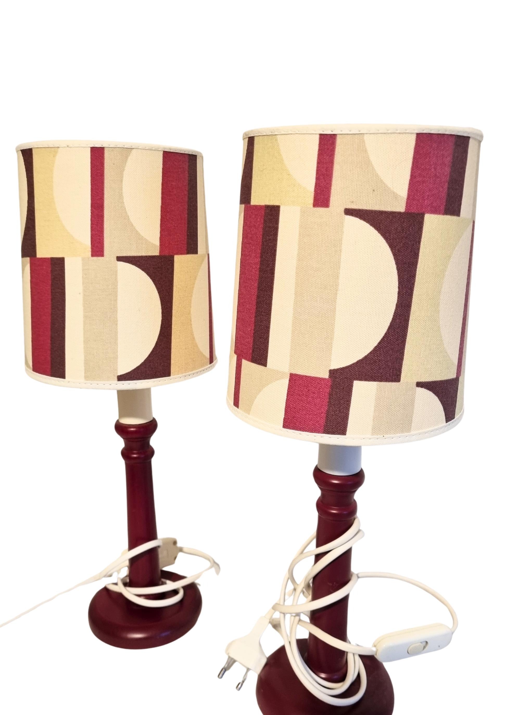 Mid-Century Modern Table Lamps – Cherry Beech with Original Retro Shades, 1970s Scandinavian Pair, timeless charm.