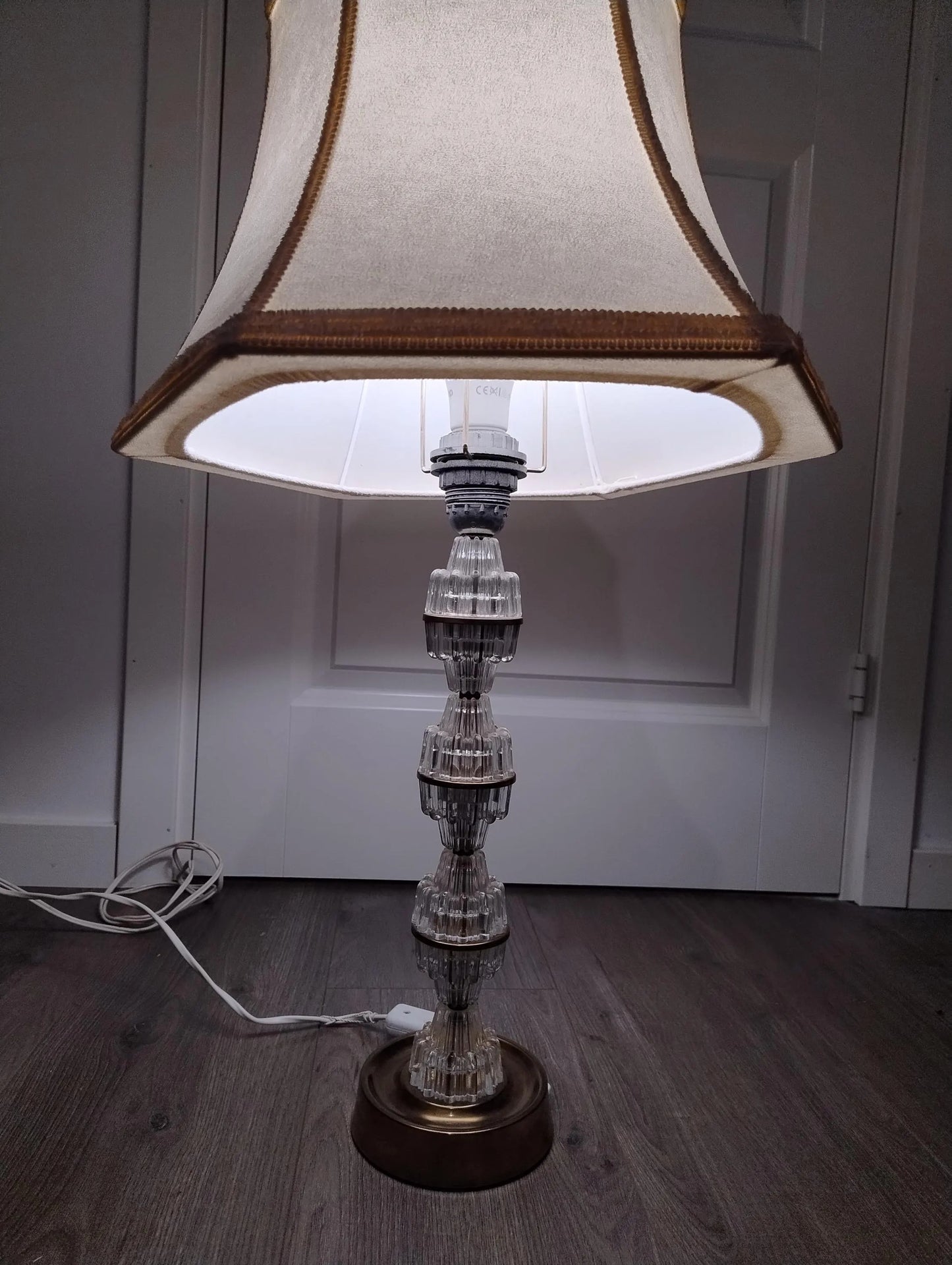 Signed Carl Fagerlund Table Lamp Pair – Orrefors Crystal & Brass, Original Shades, Swedish Mid-Century (1960s), Timeless Charm, authentic vintage