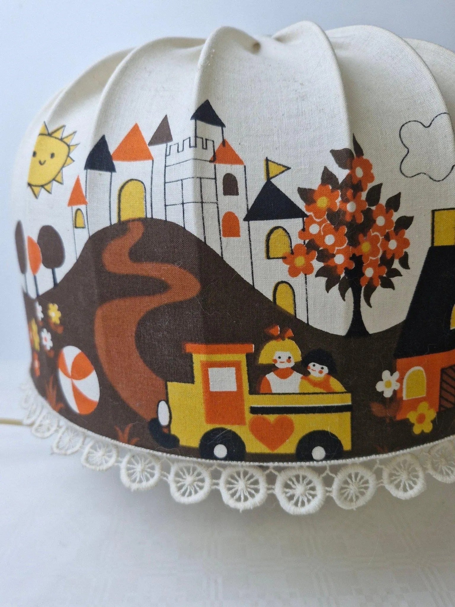 Vintage IKEA Children’s Lampshade – Castle & Train Print, Scandinavian Nursery Design, authentic vintage, timeless charm
