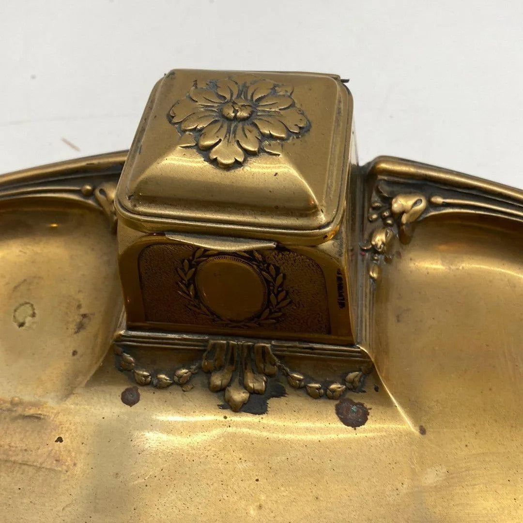 Art Nouveau Brass Desk Set - Elegant Office Accessory with Inkwell and Seal Press featuring floral and laurel detail