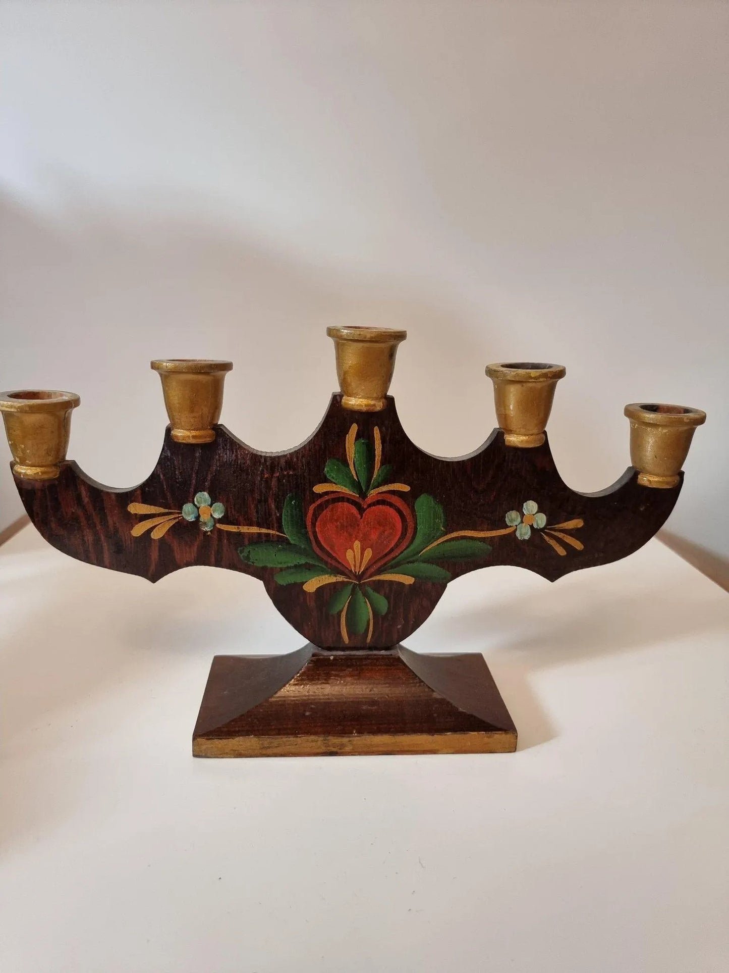Hand Painted Swedish Candelabra: Allmoge Folk Art Wood Candle Holder with vintage Scandinavian decor and Timeless Charm