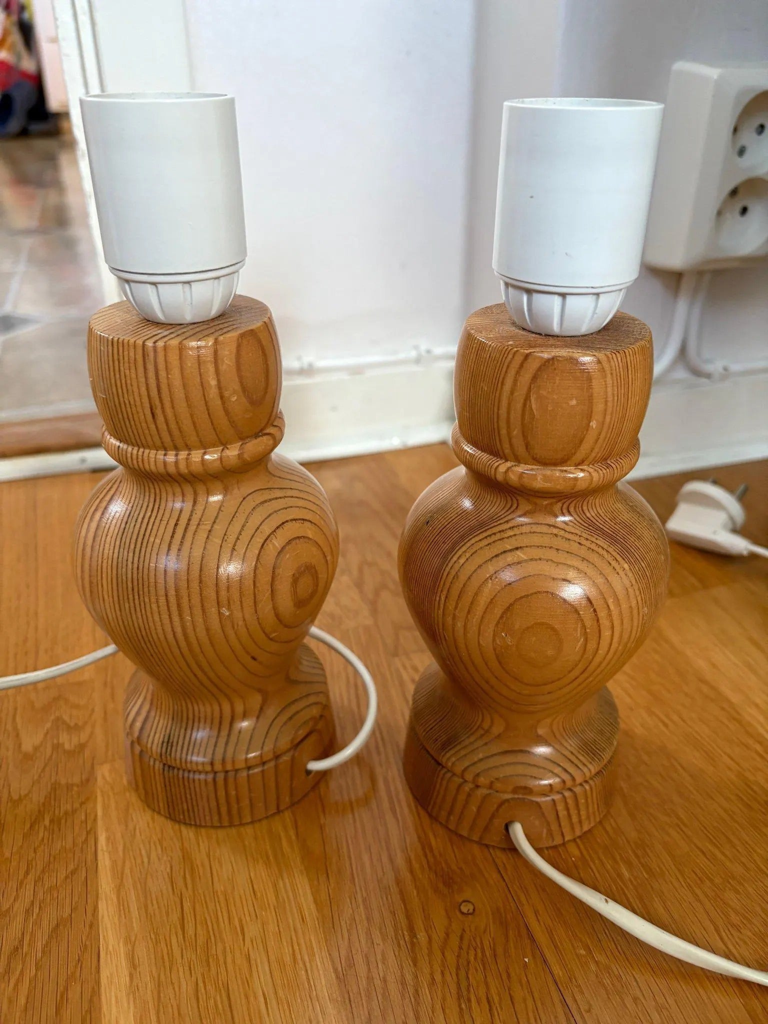 Mid-Century Modern Pine Table Lamps – Scandinavian Wood Nightstand Lights, Pair, Authentic vintage timeless charm