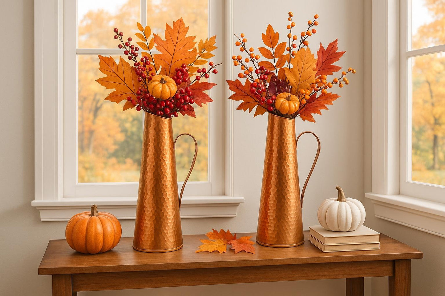 Mid Century Modern Hammered Copper Jug: Swedish Vase, 1960s MCM Decor holding autumn leaves and berries on wooden table.