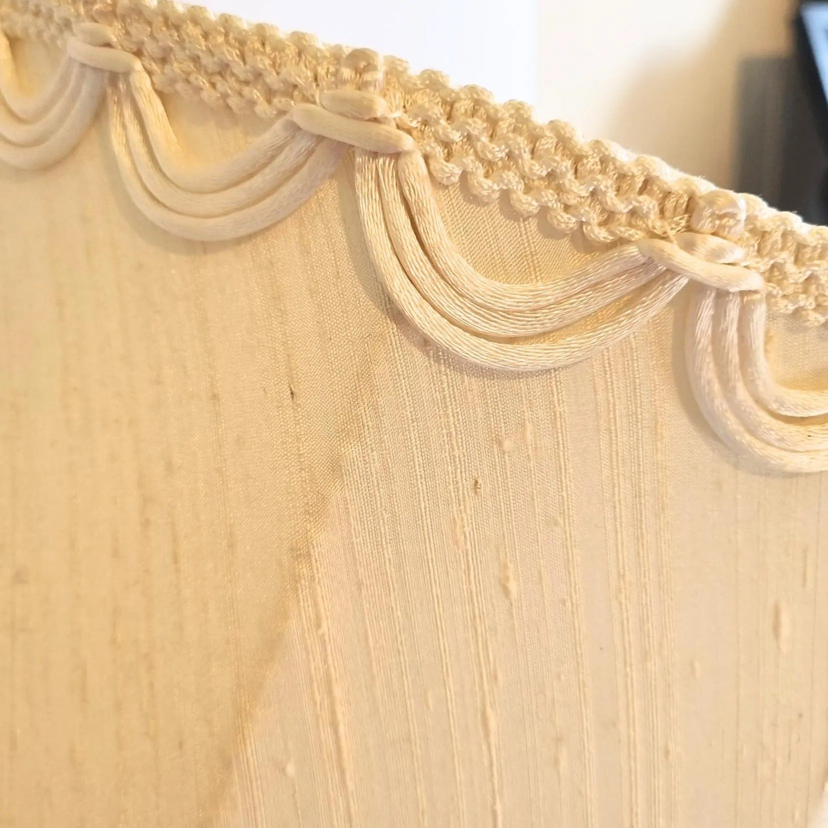 Vintage Cream Lampshade Pair: Oversized Retro Shades, Unused with intricate scalloped trim, timeless charm, authentic vintage style