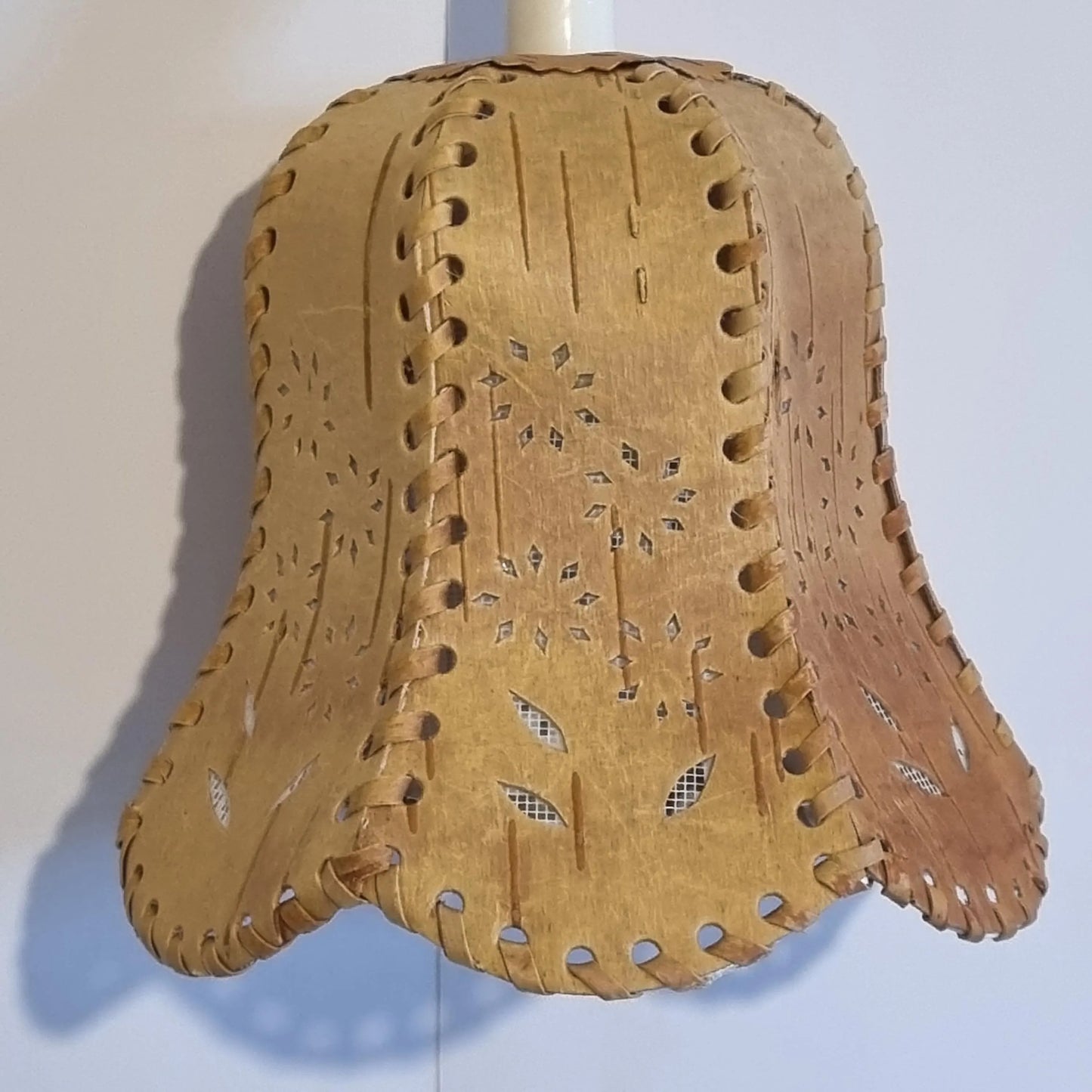 Vintage Scandinavian Birch Bark Hanging Lamp – Hand-Carved, Woven & Stitched Pendant Light with timeless charm and authentic vintage appeal