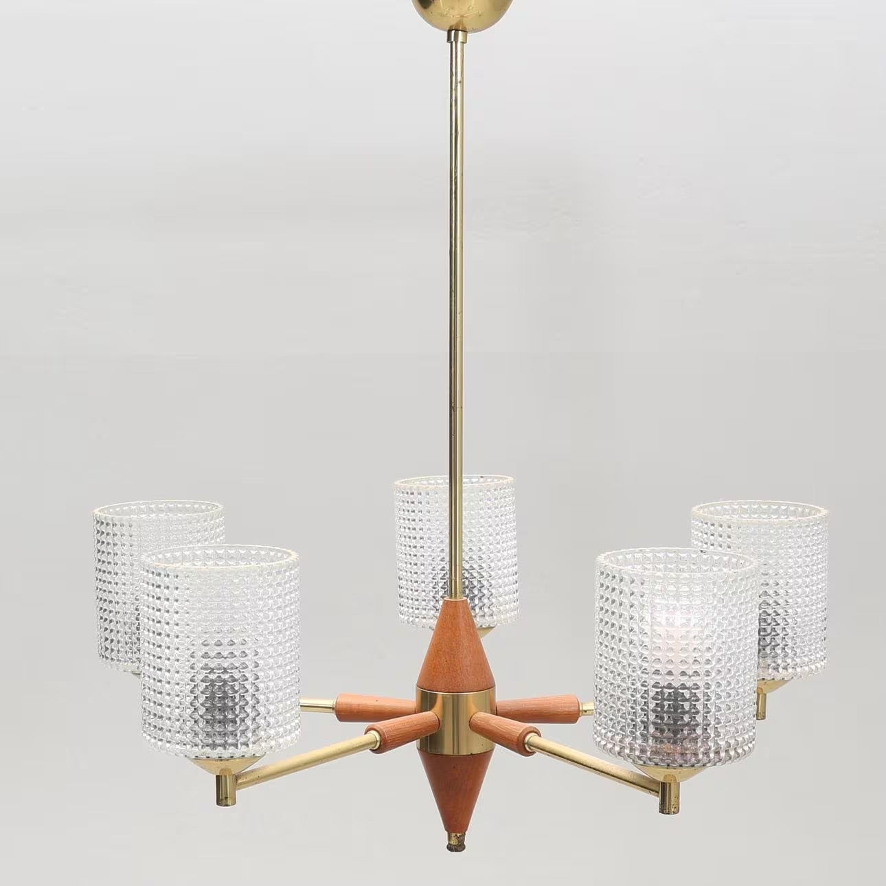 Mid-Century Modern Scandinavian Brass & Teak Chandelier – Textured Glass Shades, 1950s–60s, Timeless Charm.