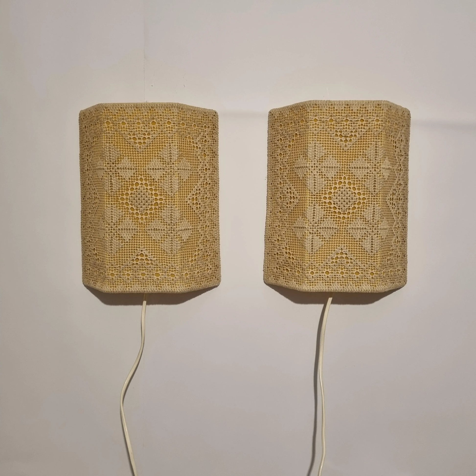 Vintage Swedish Crochet Wall Sconce Pair – Mid-Century Boho Lace Lighting with authentic vintage timeless charm