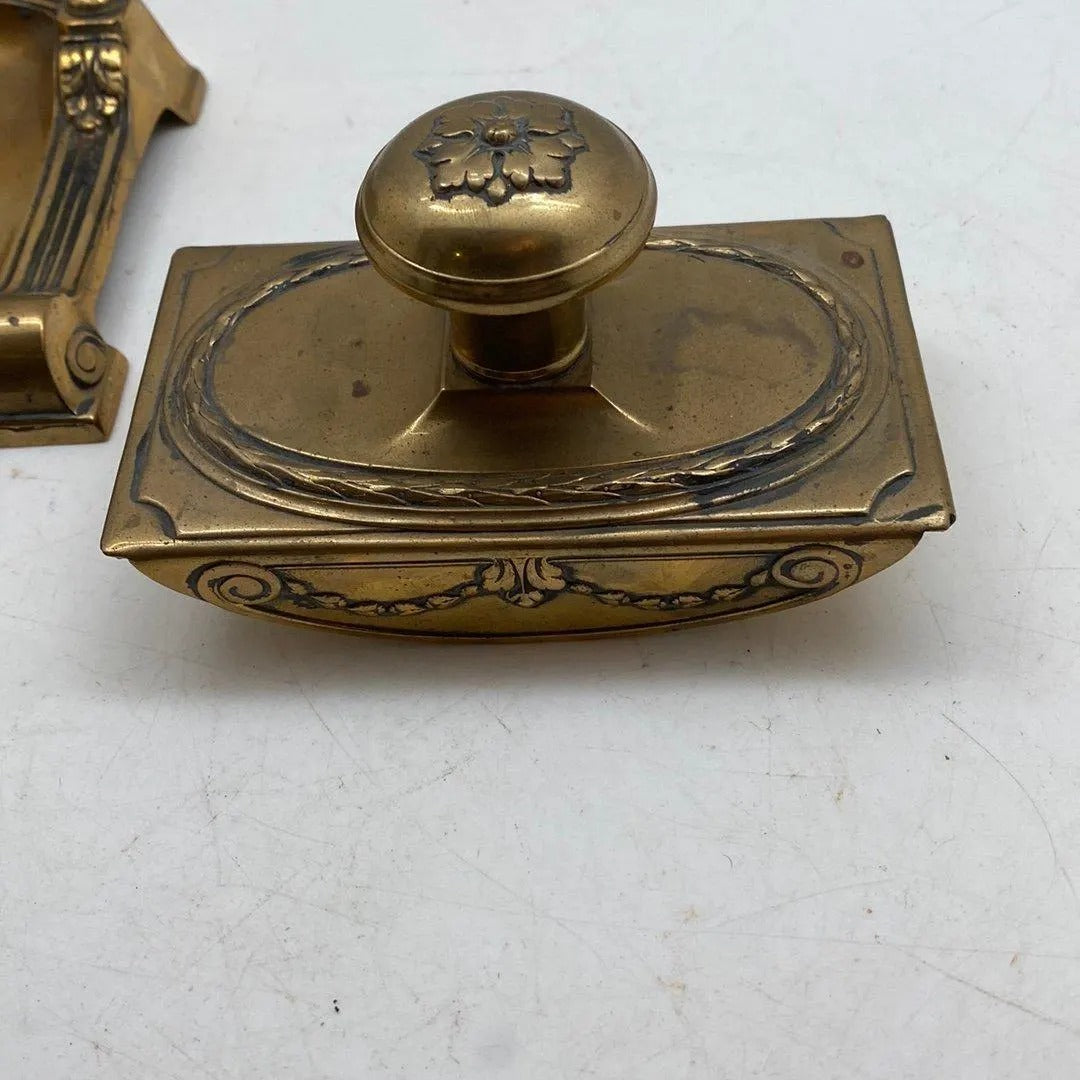 Art Nouveau Brass Desk Set - Elegant Office Accessory with Inkwell and Seal Press featuring intricate floral detailing