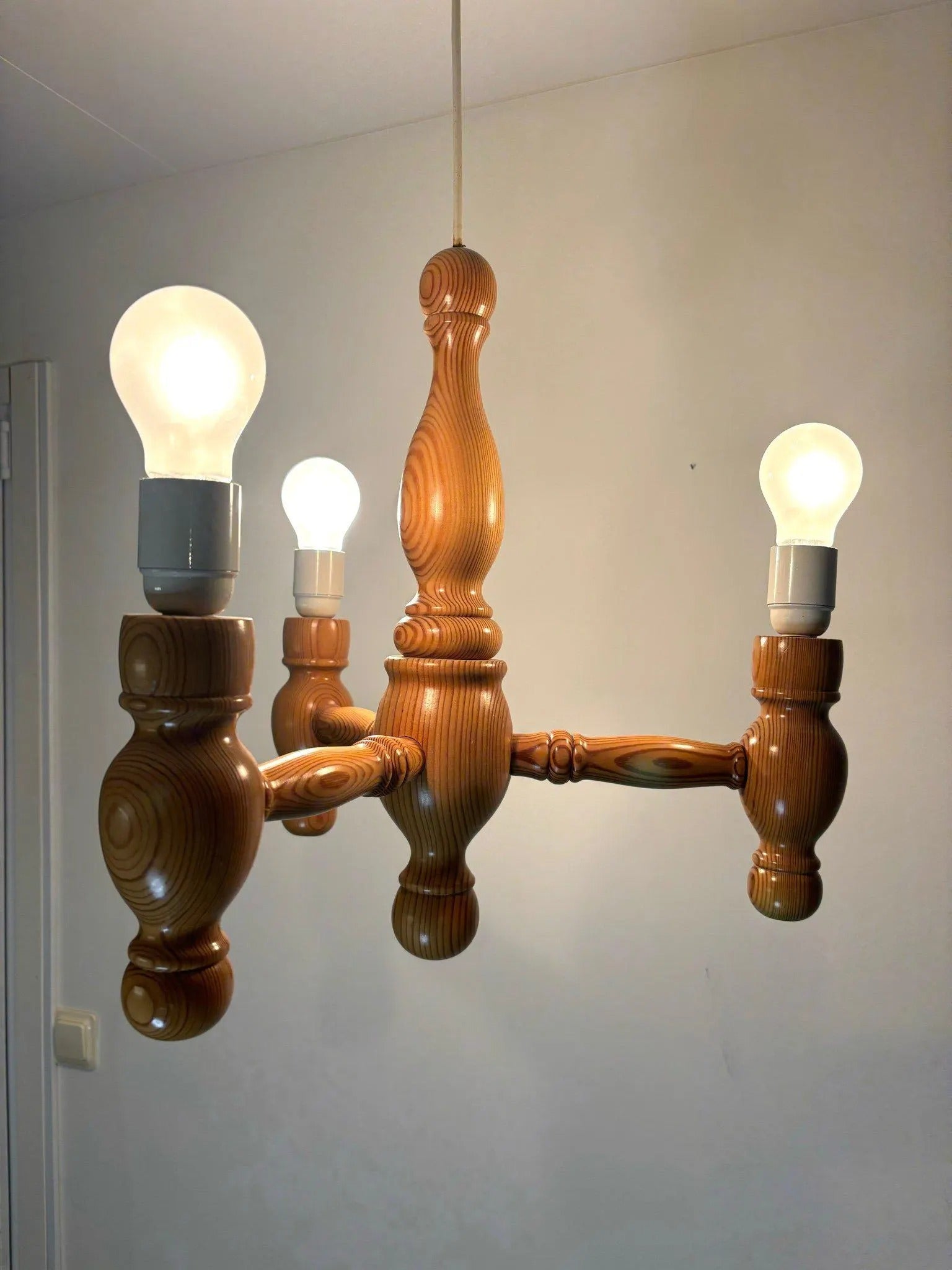 Vintage Scandinavian Pine Chandelier – Retro Wooden Ceiling Light with Fabric Shades, authentic vintage mid-century charm.