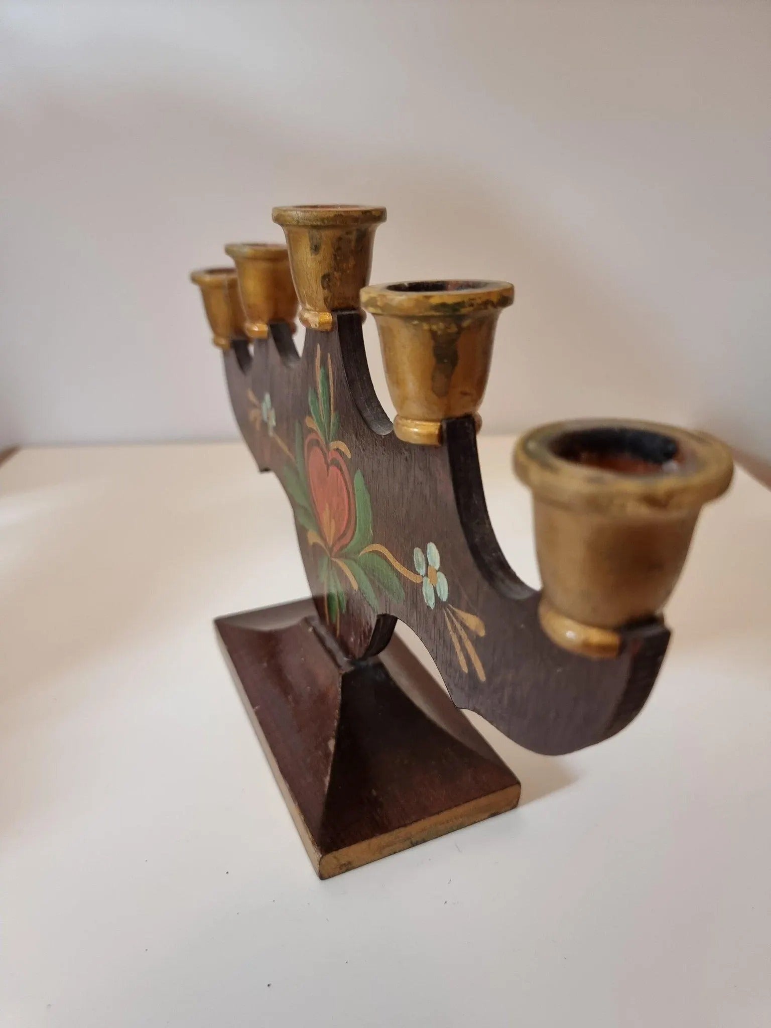 Hand Painted Swedish Candelabra: Allmoge Folk Art Wood Candle Holder with authentic vintage Nordic folk art design, timeless charm.