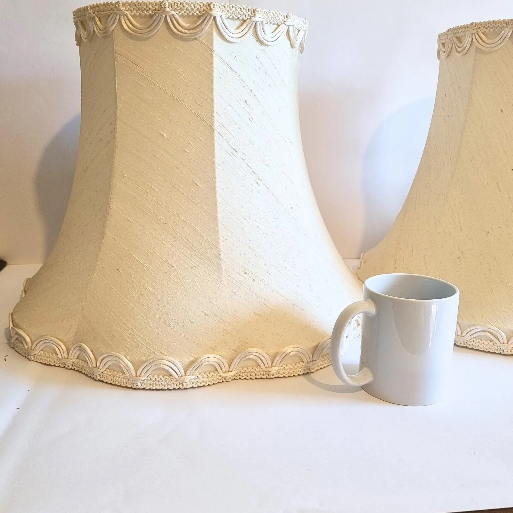 Vintage Cream Lampshade Pair: Oversized Retro Shades, Unused, authentic vintage, timeless charm, Scandinavian mid-century modern design.