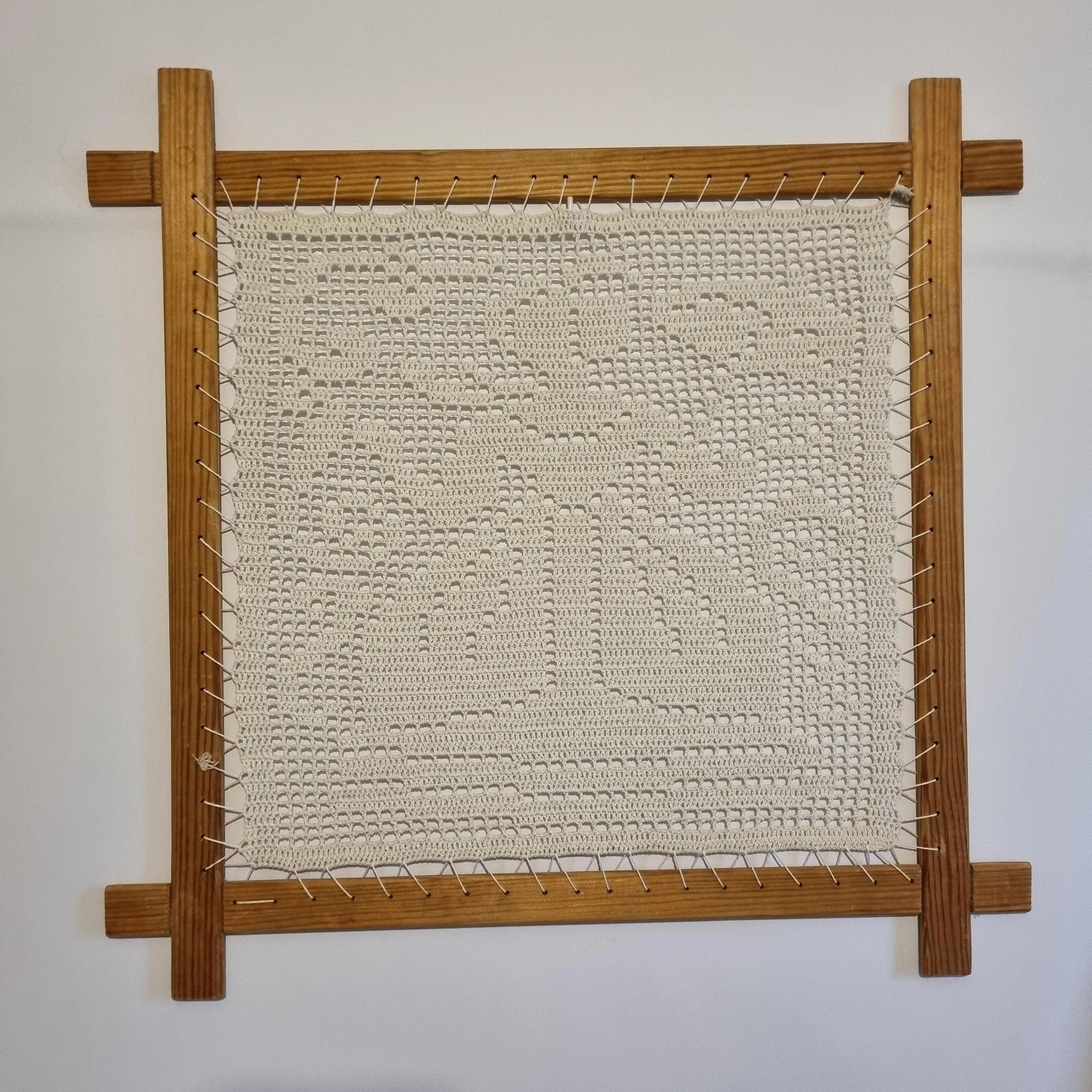 Vintage Scandinavian Crochet Sample from the 1960s - Retro Scandinavian Craft with intricate floral crochet pattern on wooden frame