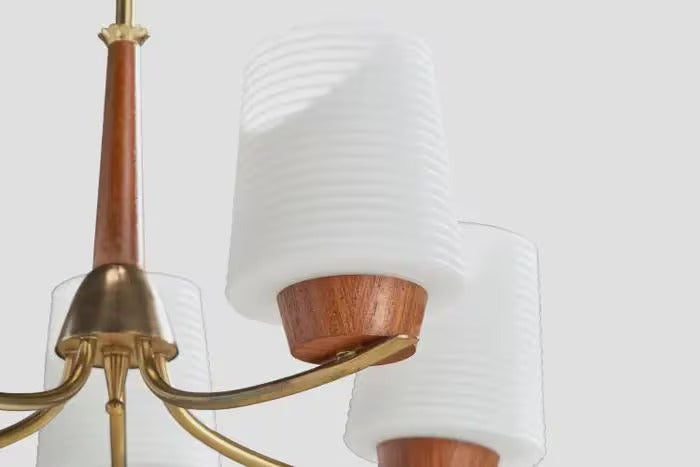 Vintage 1950s Swedish Chandelier: Mid-Century Modern Brass & Teak Opaline Glass Pendant Light