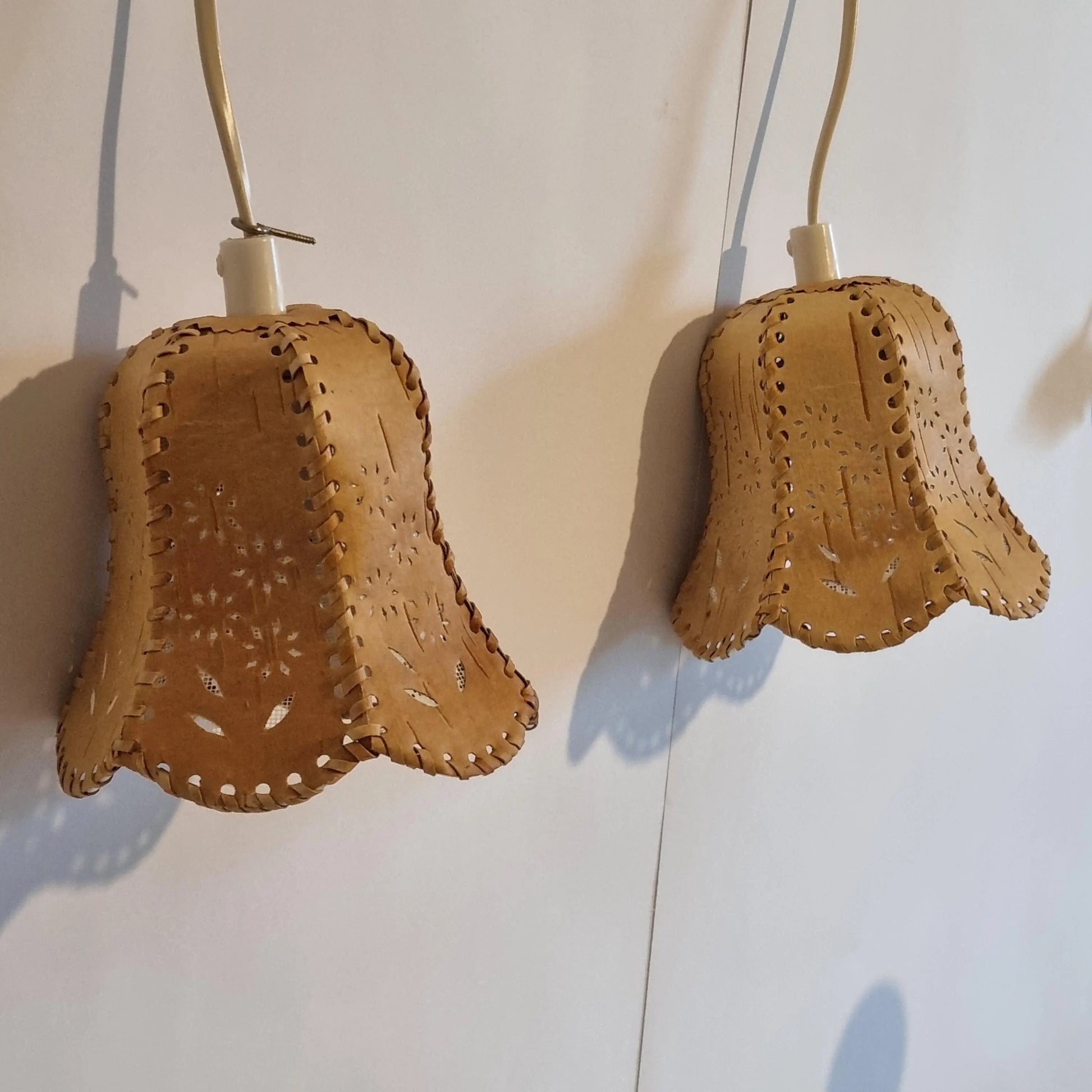 Vintage Scandinavian Birch Bark Hanging Lamp – Hand-Carved, Woven & Stitched Pendant Light showcasing authentic vintage, timeless charm.