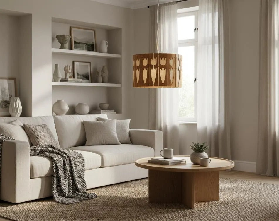 Vintage Scandinavian Wooden Ceiling Pendant Lamp – Hand-Carved Tulip Design, Rare Nordic Lighting