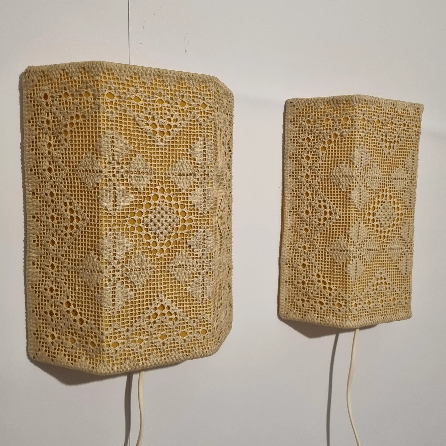 Vintage Swedish Crochet Wall Sconce Pair – Mid-Century Boho Lace Lighting with timeless charm, authentic vintage Scandinavian decor.