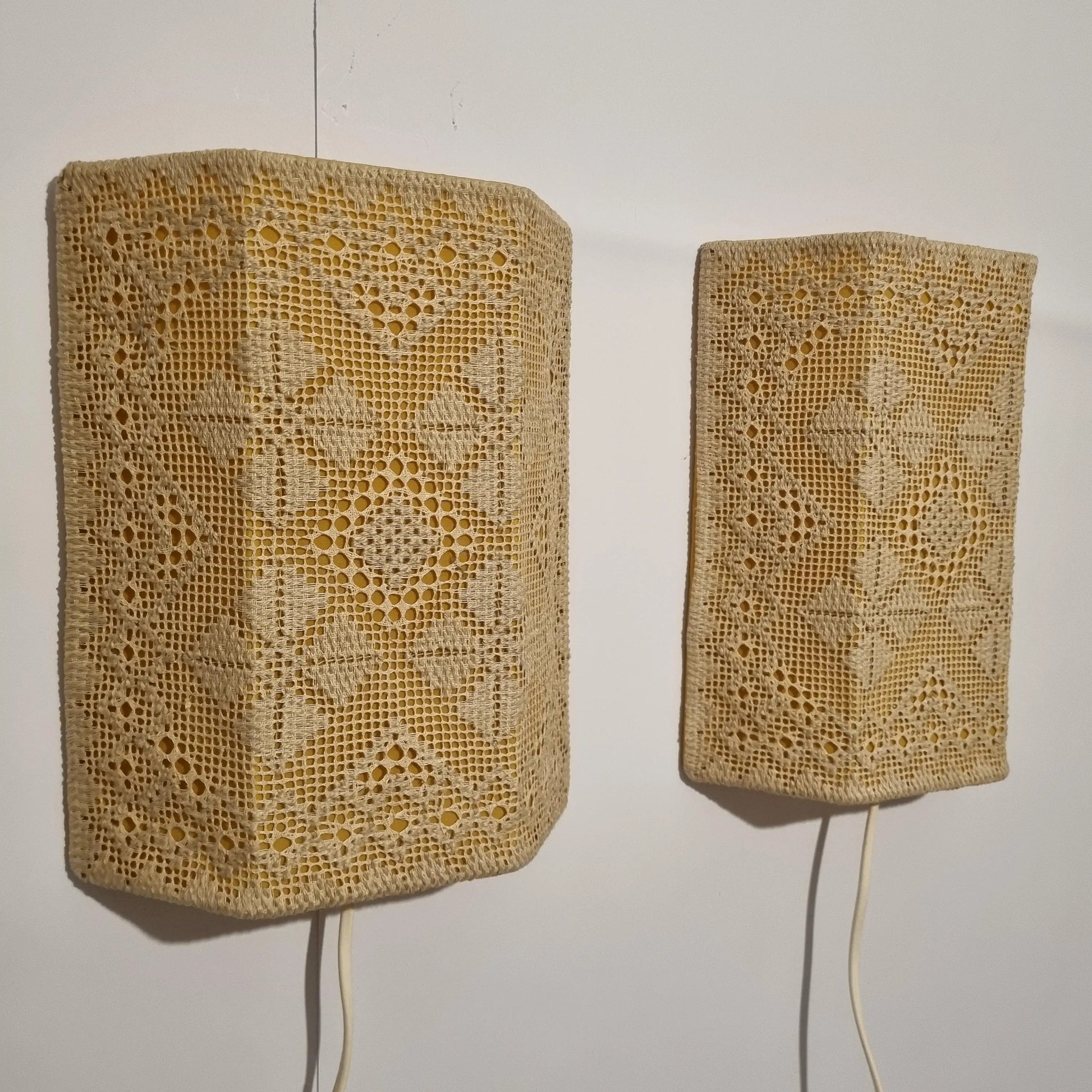 Vintage Swedish Crochet Wall Sconce Pair – Mid-Century Boho Lace Lighting with timeless charm, authentic vintage Scandinavian decor.