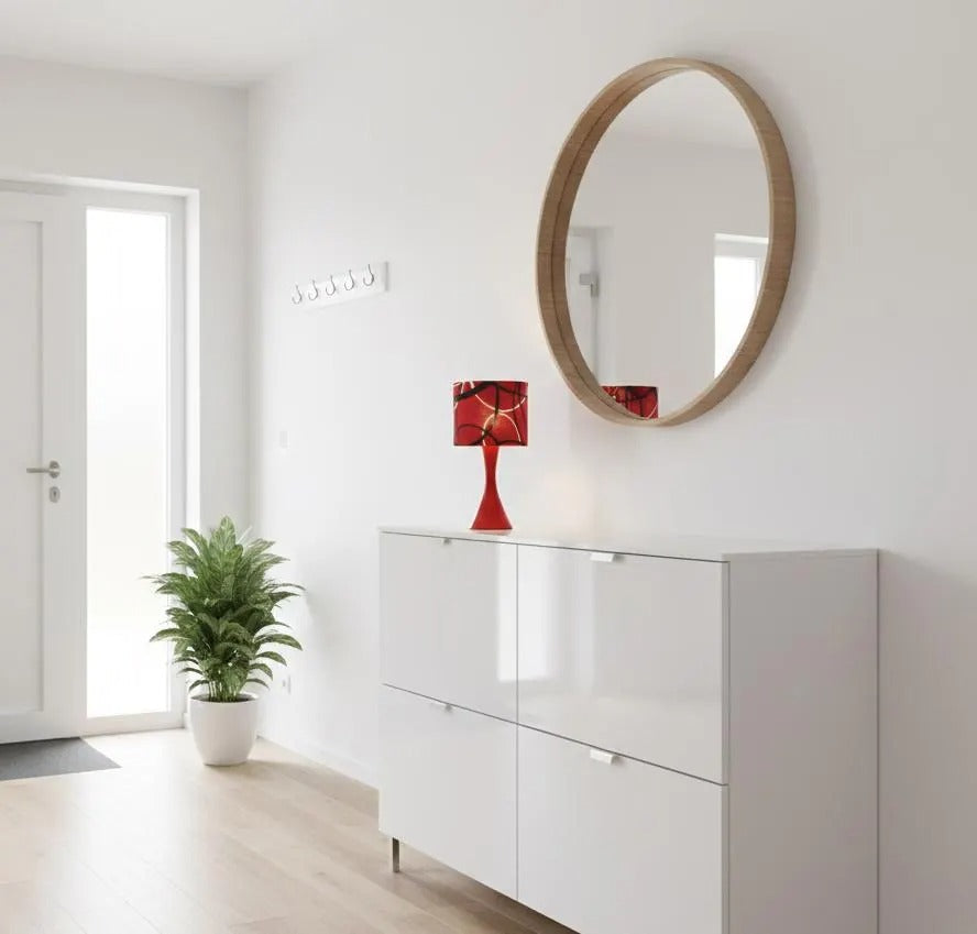 Vintage Marksöjd Red Table Lamp – Iconic Swedish Mid-Century Modern Desk Light, 1970s displayed on modern white console with mirror.