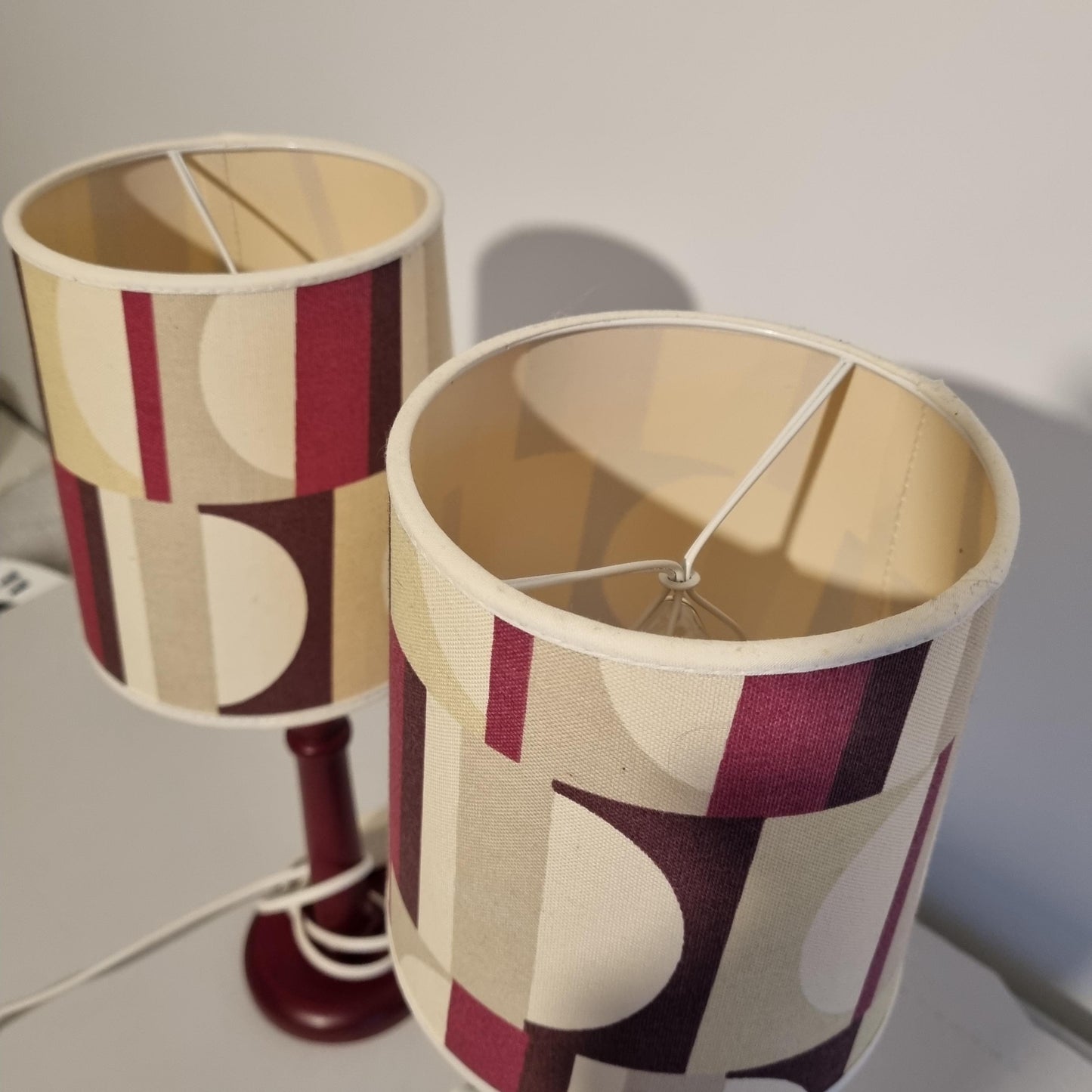 Mid-Century Modern Table Lamps – Cherry Beech with Original Retro Shades, 1970s Scandinavian Pair, Timeless Charm