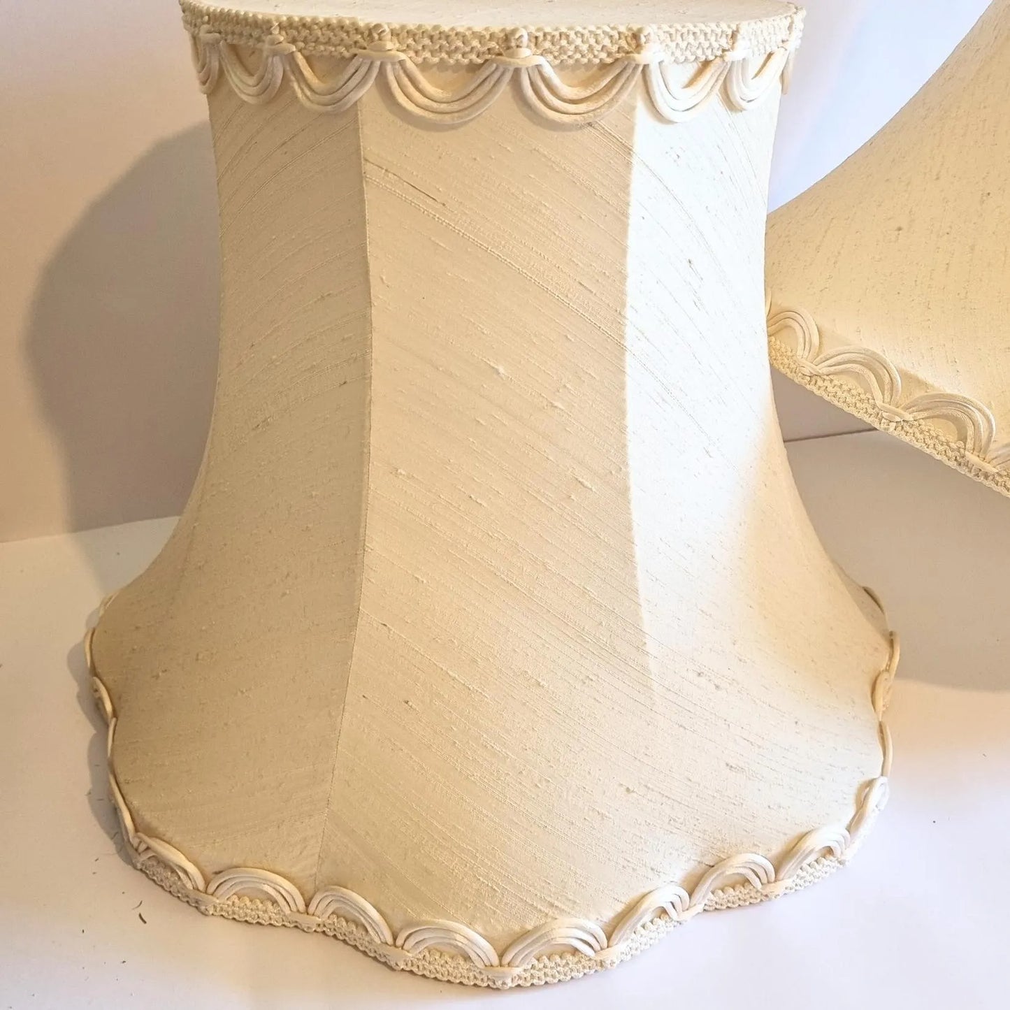 Vintage Cream Lampshade Pair: Oversized Retro Shades, Unused with authentic vintage Scandinavian charm, timeless elegance.