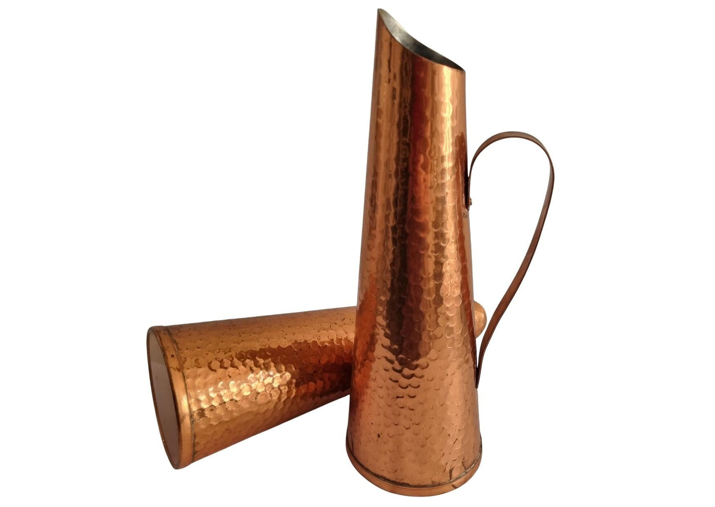 Mid Century Modern Hammered Copper Jug: Swedish Vase, 1960s MCM Decor with tall slim shape and curved handle