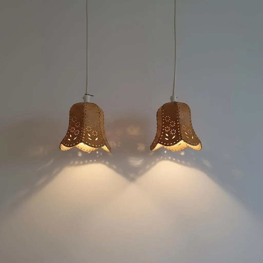Vintage Scandinavian Birch Bark Hanging Lamp – Hand-Carved, Woven & Stitched Pendant Light with timeless charm, authentic vintage design.