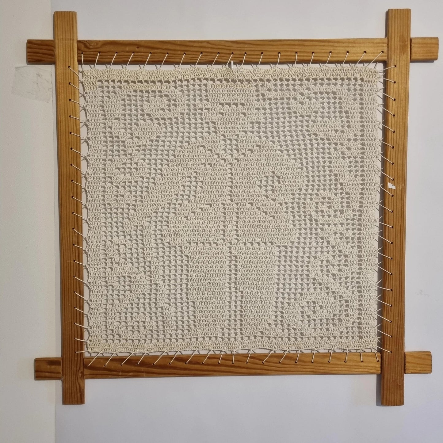 Vintage Scandinavian Crochet Sample from the 1960s - Retro Scandinavian Craft in wooden frame with folk art pattern