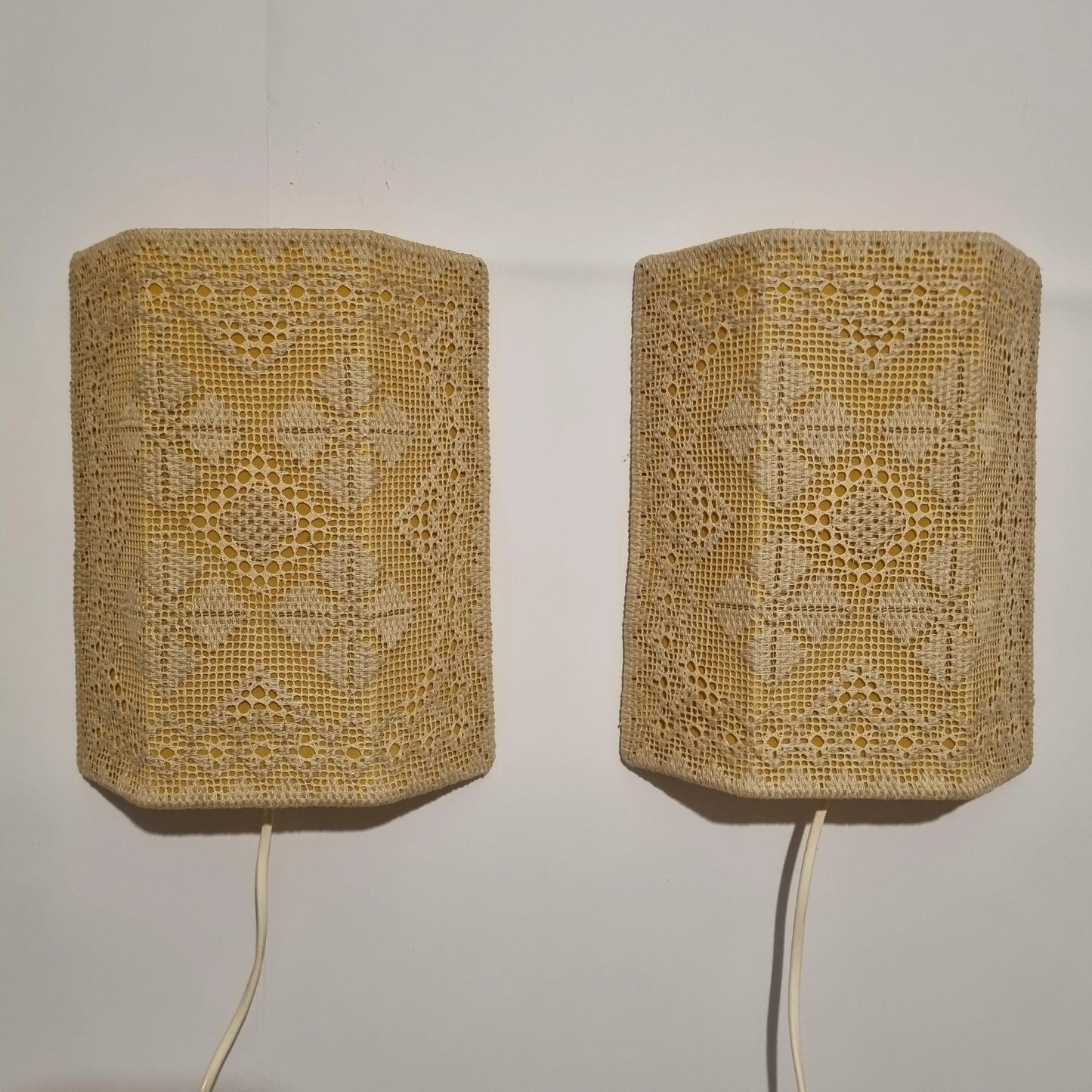 Vintage Swedish Crochet Wall Sconce Pair – Mid-Century Boho Lace Lighting showcasing timeless charm and authentic vintage Scandinavian design.