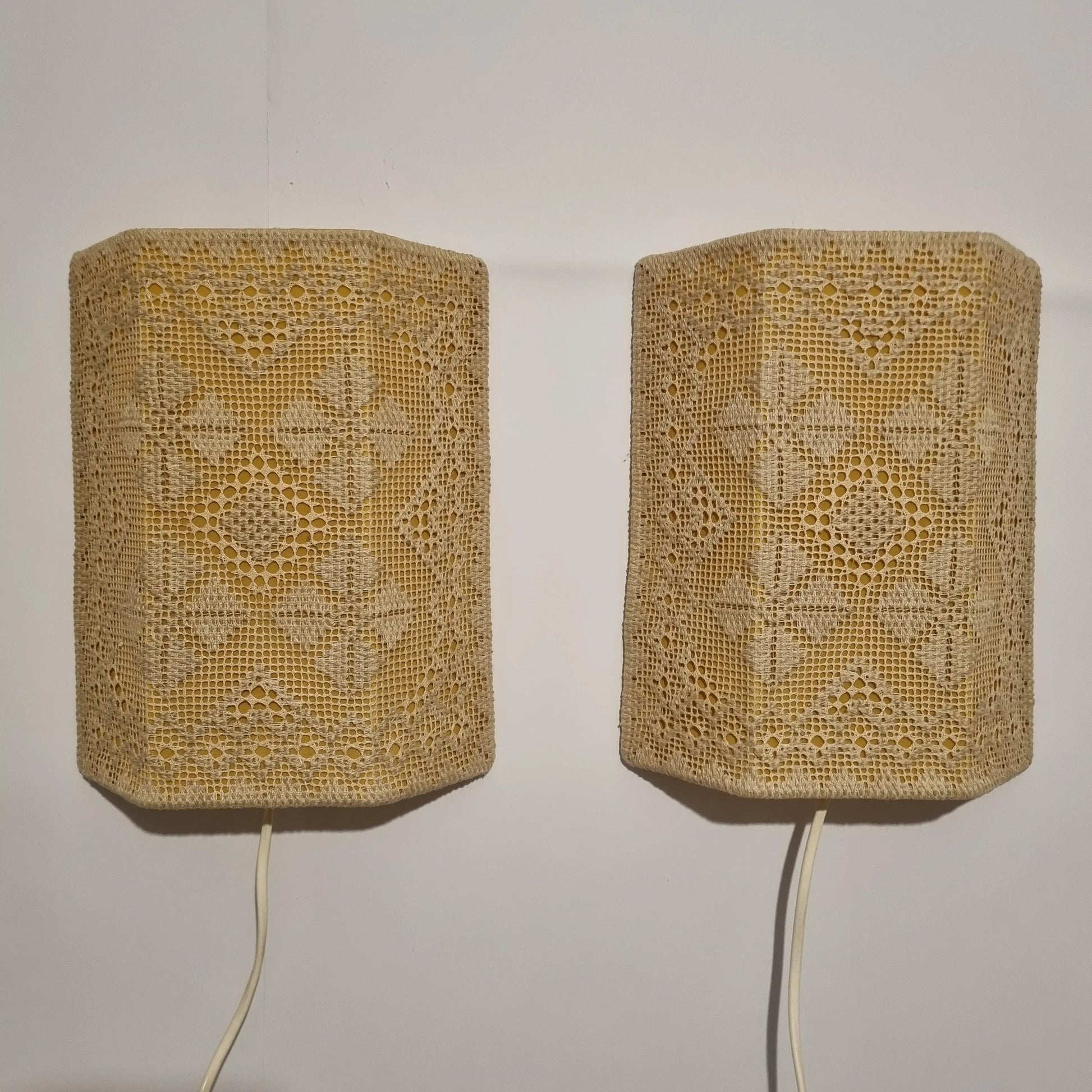 Vintage Swedish Crochet Wall Sconce Pair – Mid-Century Boho Lace Lighting showcasing timeless charm and authentic vintage Scandinavian design.