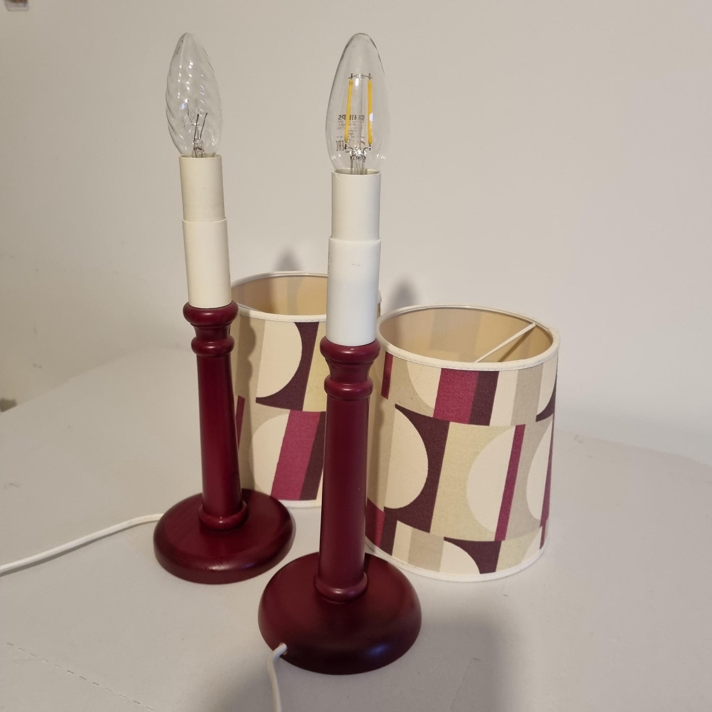 Mid-Century Modern Table Lamps – Cherry Beech with Original Retro Shades, 1970s Scandinavian Pair, Timeless Charm.