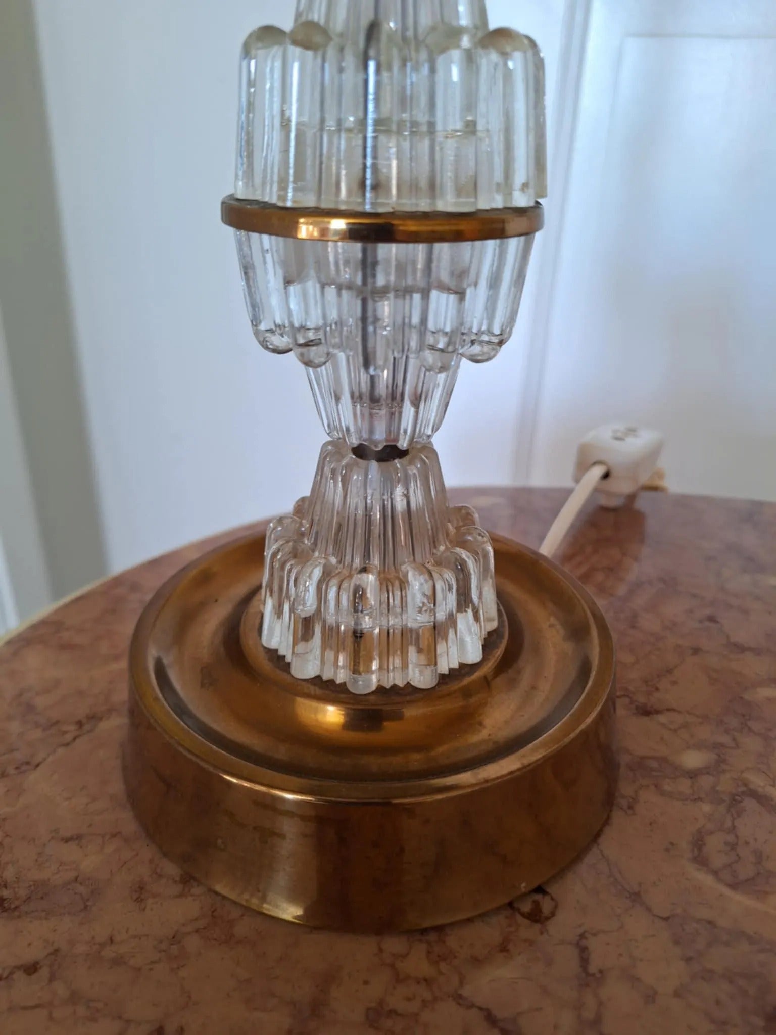 Signed Carl Fagerlund Table Lamp Pair – Orrefors Crystal & Brass, Original Shades, Swedish Mid-Century (1960s) authentic vintage, timeless charm