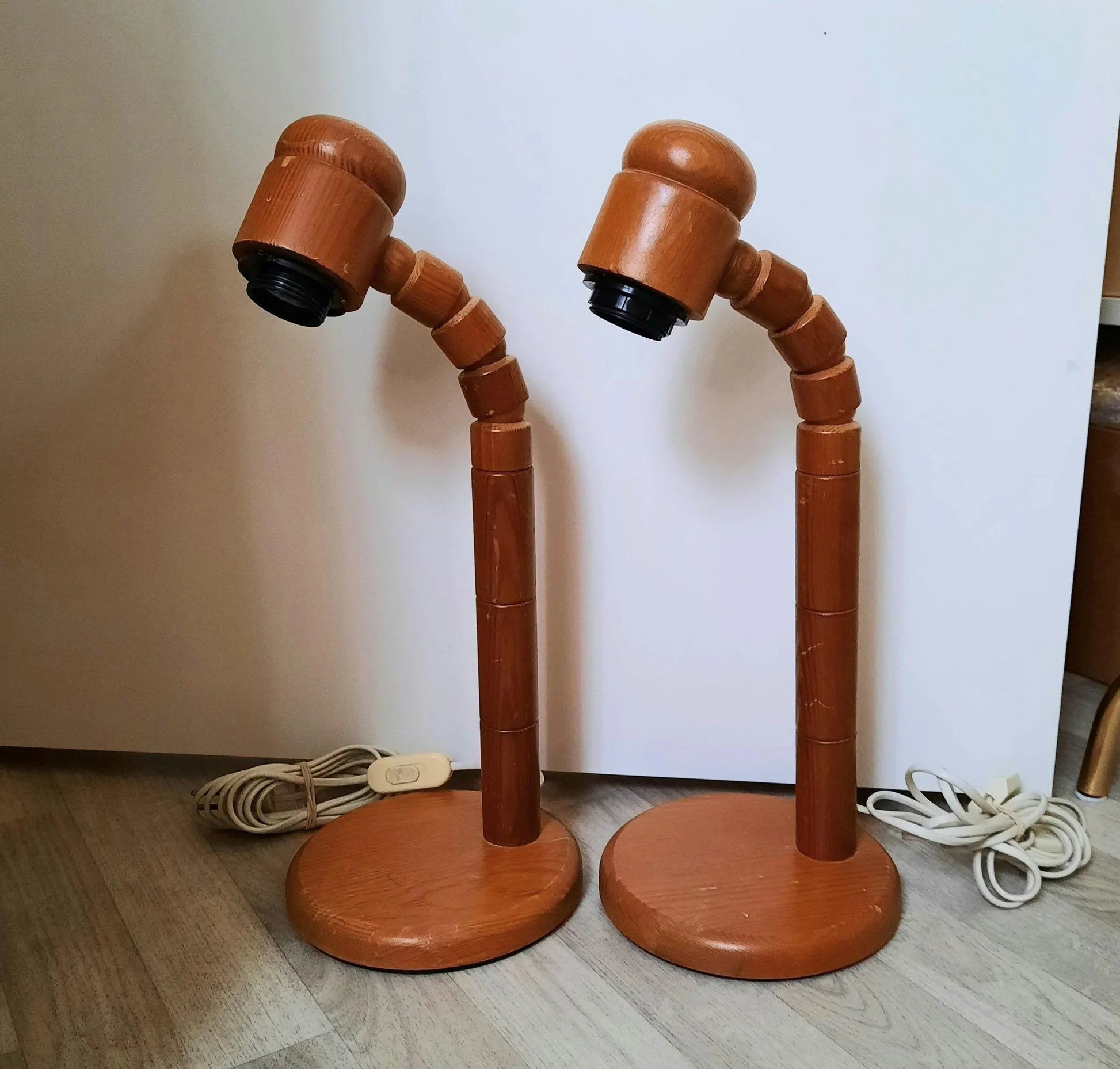 Vintage SOLBACKEN Pine Table Lamps – Mid-Century Scandinavian Bedside Lights, Pair, authentic vintage, timeless charm.