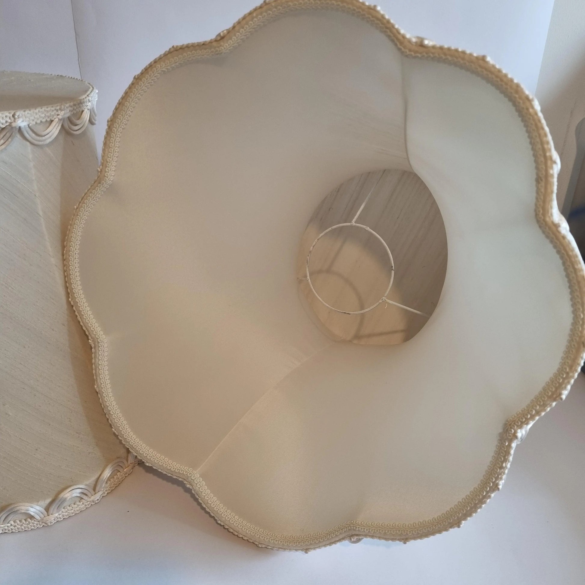 Vintage Cream Lampshade Pair: Oversized Retro Shades, Unused with authentic vintage charm and timeless design.