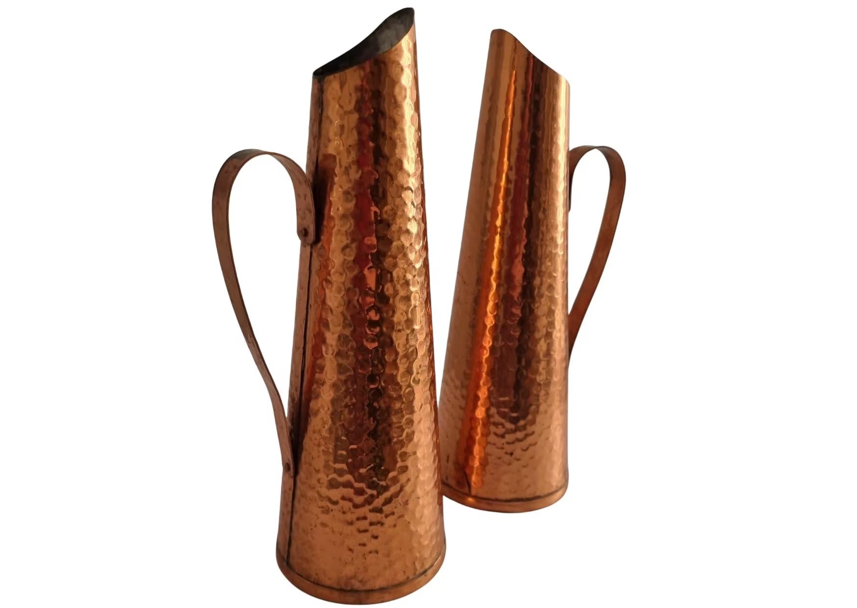 Mid Century Modern Hammered Copper Jug: Swedish Vase, 1960s MCM Decor with tall slender hammered texture and curved handle