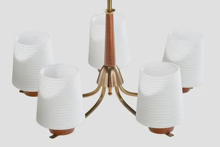 Vintage 1950s Swedish Chandelier: Mid-Century Modern Brass & Teak Opaline Glass Pendant Light