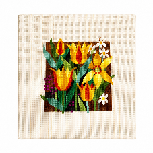 Vintage Scandinavian Needlepoint Tulip Wall Art – Swedish Folk Textile – Mid Century Floral Embroidery – Cottagecore Wall Decor