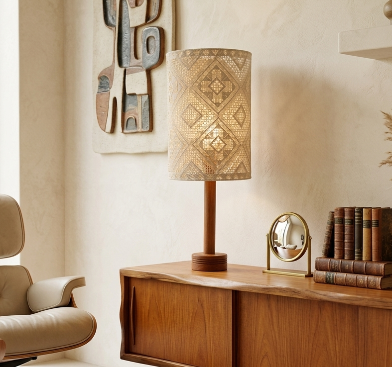 Teak Table Lamp Woven Lace Shade Scandinavian Mid Century 1960s
