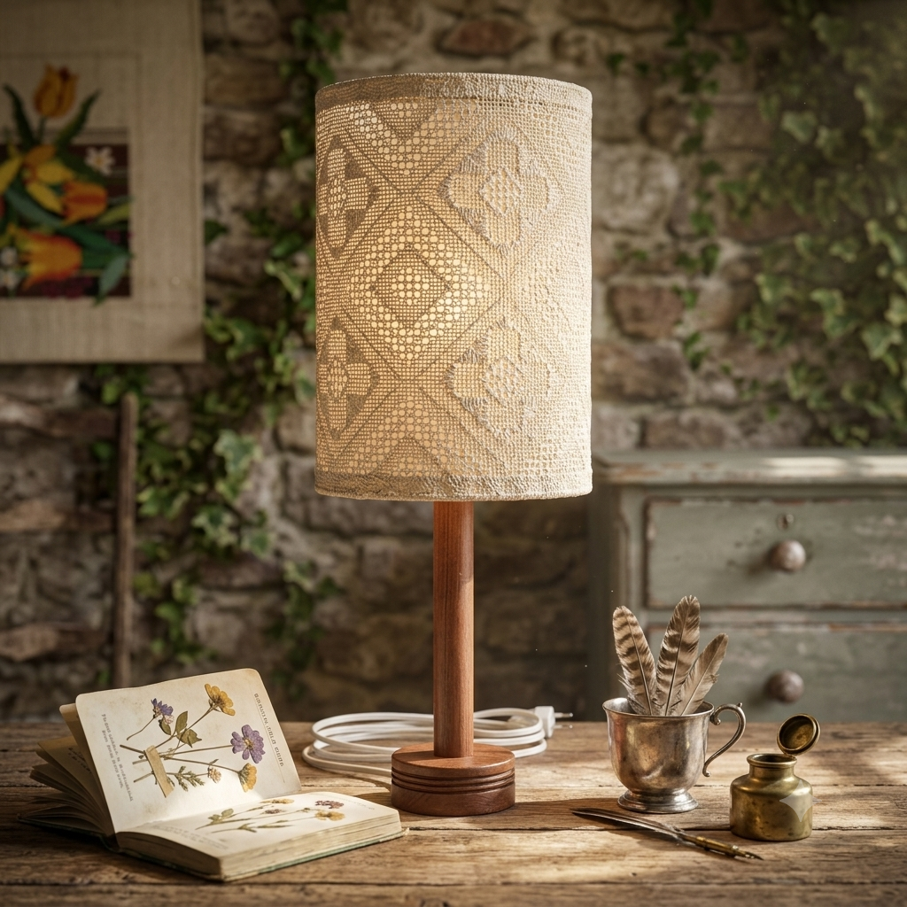 Teak Table Lamp Woven Lace Shade Scandinavian Mid Century 1960s