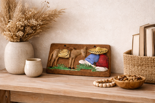 Ceramic Wall Plaque – Resting Figure with Donkey, Sweden Bromma Keramik, authentic vintage mid-century charm.