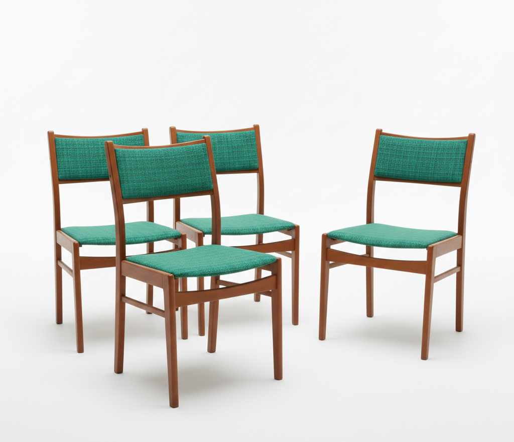 Mid-Century Modern Teak Dining Chairs – Set of 4, Original Emerald Green Fabric, authentic vintage, timeless charm.