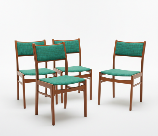 Mid-Century Modern Teak Dining Chairs – Set of 4, Original Emerald Green Fabric, authentic vintage, timeless charm.
