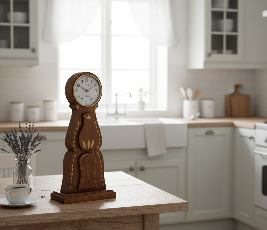 Vintage Swedish Mora-Style Wooden Clock – Hand-Painted Folk Art displaying timeless charm in a bright, minimalist kitchen setting.